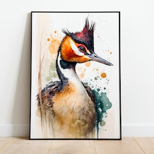 Watercolor Great Crested Grebe PRINTABLE ART Grebe Instant Download Grebe Poster Wildlife Gift Animals Wall Decor Painting Colorful