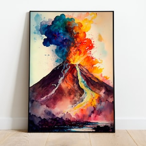 Watercolor Volcanic eruption, Watercolor Vulcano, Watercolour Digital Poster, Downloadable Art Print, Instant Download