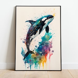 Orca Watercolor PRINTABLE ART Orca Print Instant Download Orca Jumping Poster Wildlife Gift Animals Wall Decor Painting Colorful Art