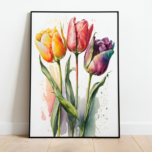 Tulpen Aquarell DRUCKBARE KUNST Tulpen Sofort Download Tulpen Poster Natur Geschenk Blume Wand Dekor Blumen Malerei bunte Kunst