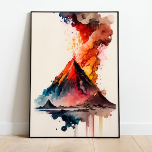 Aquarell Vulkanausbruch, DRUCKBARE KUNST, Aquarell Vulcano, Aquarell digitales Poster, herunterladbares Poster, Instant Download