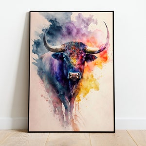 Stier Aquarell DRUCKBARE KUNST Bull Print Instant Download Stier Poster Wildlife Geschenk Tiere Wand Dekor Malerei bunte Kunst