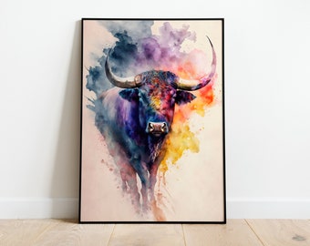 Bull Watercolor PRINTABLE ART Bull Print Instant Download Bull Poster Wildlife Gift Animals Wall Decor Painting Colorful Art