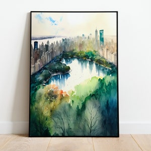 Acuarela Central Park, Nueva York, Horizonte, Acuarela, Póster digital, Impresión de arte descargable, Descarga instantánea