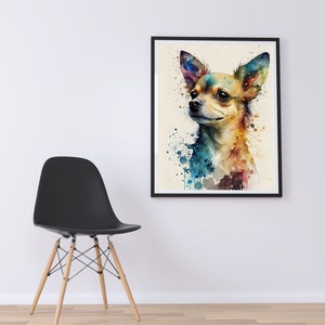 May include: A watercolor painting of a chihuahua dog with splashes of blue, green, yellow, and orange paint. The dog is looking to the left of the frame.