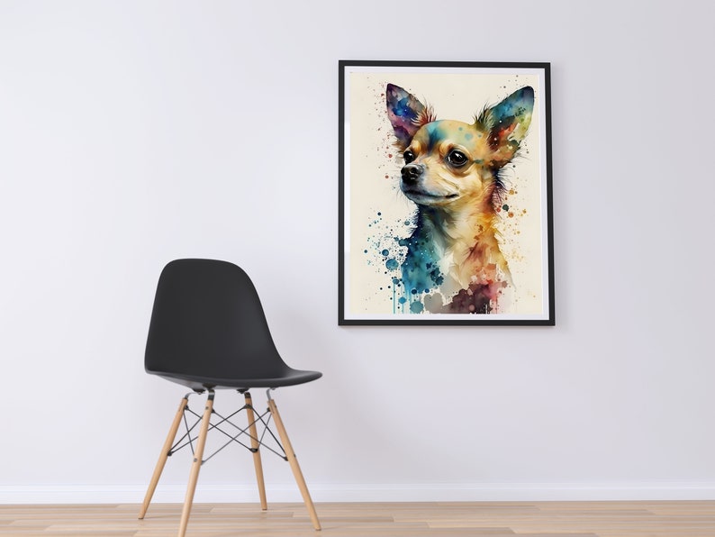 May include: A watercolor painting of a chihuahua dog with splashes of blue, green, yellow, and orange paint. The dog is looking to the left of the frame.