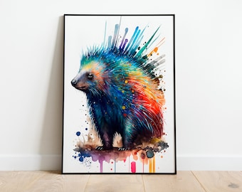 Acuarela Puercoespín ARTE IMPRIMIBLE Puercoespín Descarga Instantánea Puercoespín Cartel Vida Silvestre Regalo Animales Decoración de Pared Pintura Colorida