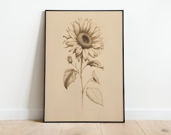 Vintage Sunflower Printable Art, Yellow Flower Antique Illustration, Sunflower Wall Art, Autumn Botanical Wall Art Print INSTANT DOWNLOAD