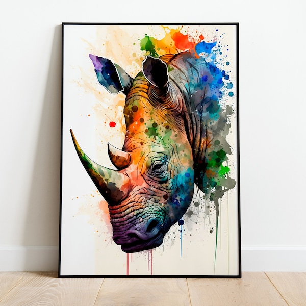 Aquarell Nashorn DRUCKBARE KUNST Nashorn Sofort Download Rhino Poster Wildlife Geschenk Tiere Wand Dekor Malerei Bunt