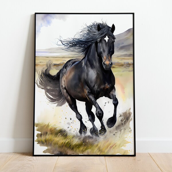 Aquarell Fresian schwarzes Pferd DRUCKBARE KUNST Pferd Sofort Download Pferd Poster Wildlife Geschenk Tiere Wand Dekor Malerei Bunt