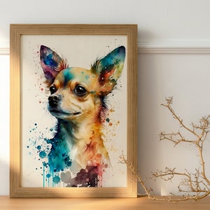 May include: Watercolor painting of a chihuahua dog with colorful splashes of paint in the background. The dog is looking to the left of the frame.