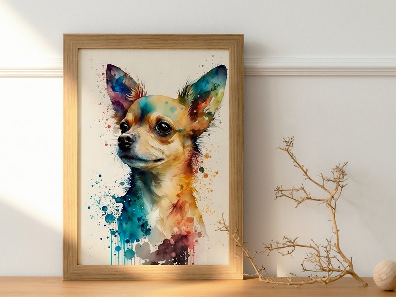 May include: Watercolor painting of a chihuahua dog with colorful splashes of paint in the background. The dog is looking to the left of the frame.