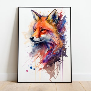 May include: Watercolour painting of a fox's head with splashes of orange, red, purple, and blue paint.