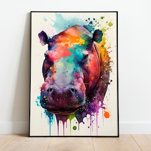 Nilpferd Aquarell DRUCKBARE KUNST Hippo Print Instant Download Nilpferd Poster Wildlife Geschenk Tiere Wand Dekor Malerei bunte Kunst