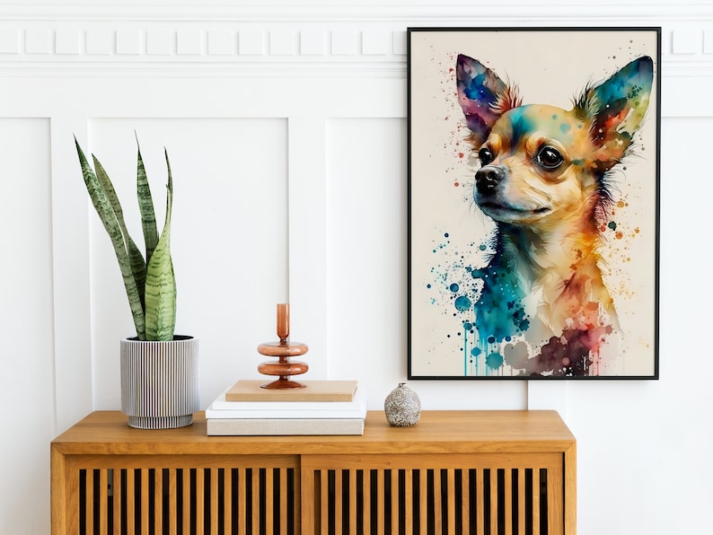 May include: A watercolor painting of a chihuahua dog with colorful splashes of paint in the background. The dog is looking to the left of the frame and has a light brown coat.