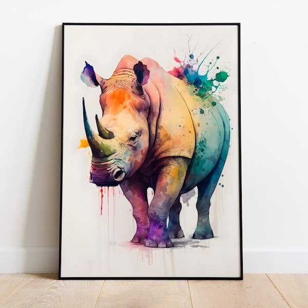 Nashorn Aquarell DRUCKBARE KUNST Rhino Print Instant Download Rhino Poster Wildlife Geschenk Tiere Wand Dekor Malerei bunte Art