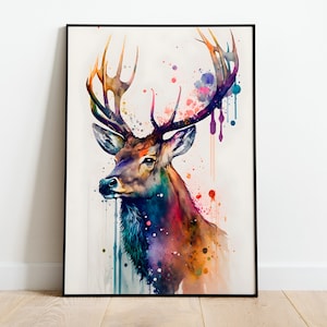 Hirsch Aquarell DRUCKBARE KUNST Hirsch Druck Sofortiger Download Hirsch Poster Wildtiere Geschenk Tiere Wand-Dekor Kinderzimmer Tiermalerei Bunte Kunst