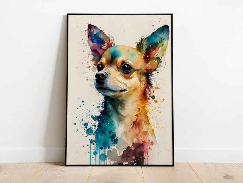 May include: A watercolor painting of a chihuahua dog with colorful splashes of paint in the background. The dog is looking to the left of the image.
