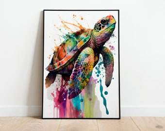 Könnte beinhalten: Ein farbenfrohes Aquarellbild einer Meeresschildkröte mit Farbspritzern im Hintergrund.