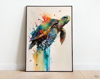 Könnte beinhalten: Ein Aquarellbild einer Meeresschildkröte, die durch einen bunten Farbblitz schwimmt. Die Schildkröte ist grün und blau mit einer braunen Schale. Der Hintergrund ist hellbeige mit Spritzern von orangefarbener, gelber, blauer und grüner Farbe.