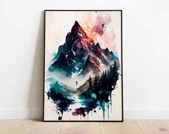 Mountain Watercolor PRINTABLE ART Mountain Print Instant Download Mountain Poster Wildlife Gift Animals Wall Decor Painting Colorful Art