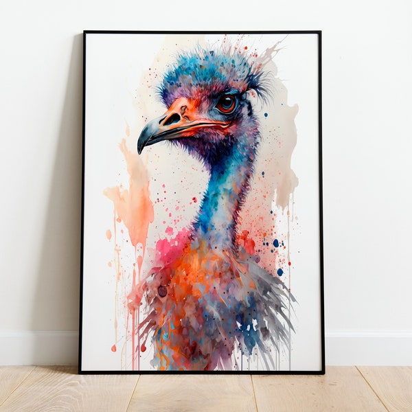 Aquarell Strauß DRUCKBARE KUNST Strauß Sofort Download Strauß Poster Wildlife Geschenk Tiere Wand Dekor Malerei Bunt