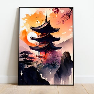 Japanisches Aquarell Wandkunst Japanische Landschaft druckbare Kunst Japanische Landschaft digitales Poster Herunterladbare Kunst-Sofort-Download