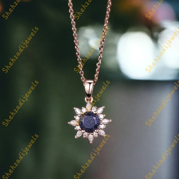 Collier taille ronde en grès bleu, collier vintage avec pendentif en moissanite, or rose, collier pétale unique, promesse anniversaire, collier femme