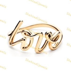 Script Love Ring, 14K Solid Gold Stackable Ring, Minimalist Statement Ring, Dainty Cursive Letter Ring, Gift For Girlfriend, Birthday Gift