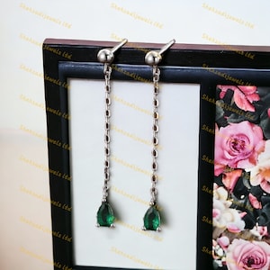Emerald Green Droplet CZ with Chain Dangle Stud Earrings in Sterling Silver, Silver or Gold, Green CZ Pear Drop Earrings, Push Back Earrings