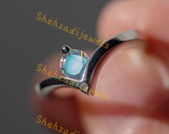 Minimalist Moonstone Chevron Ring, Sterling Silver Art Deco Diamond Wedding Ring