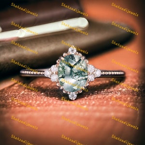 Oval Moss Agate Engagement Ring Vintage Green Moss Agate Ring Dainty Diamond Cluster Ring Milgrain Ring Bridal Wedding Promise Gift for Her