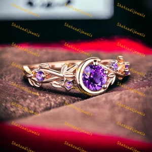 Nature Inspired Round Amethyst Engagement Ring Natural Purple Crystal 5mm Moon Star Design Amethyst Wedding Ring February Birthstone Gifts
