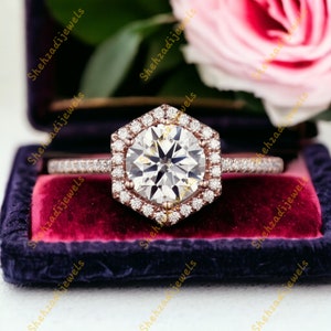 Rose Gold Moissanite Engagement Ring Hexagon Moissanite Ring Round Halo Diamond Half Eternity Unique Hexagon Shaped Bridal Wedding Ring
