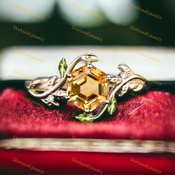 Vintage Hexagon citrine engagement ring nature inspired peridot ring women twig leaf moissanite ring yellow gold branch wedding ring gift