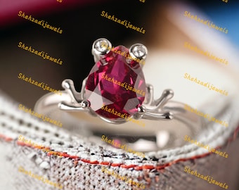 Sterling Silber Frosch Ring, Lab Rubin Juli Geburtsstein, Tier Schmuck