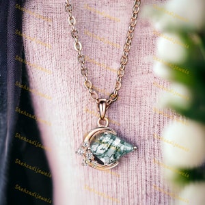 Natural Moss Agate Kite Shape Necklace Silver Sterling Silver Necklace Dainty Necklace Kite Cut Moss Agate Promise Gift friendship Gift