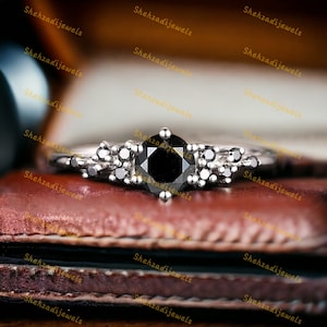 Black onyx engagement ring Unique gold ring Round cut black diamond ring cluster ring Bridal Art deco promise anniversary ring for women