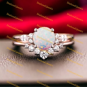 Vintage white opal engagement ring set for women round cut fire opal wedding ring set art deco moissanite ring set anniversary ring set