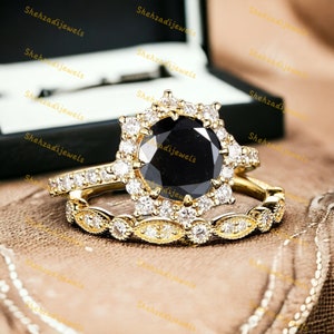 Round Shaped Black Onyx Ring Set Black Onyx Engagement Ring Yellow Gold Unique Diamond Engagement Ring Set For Women Wedding Bridal Ring