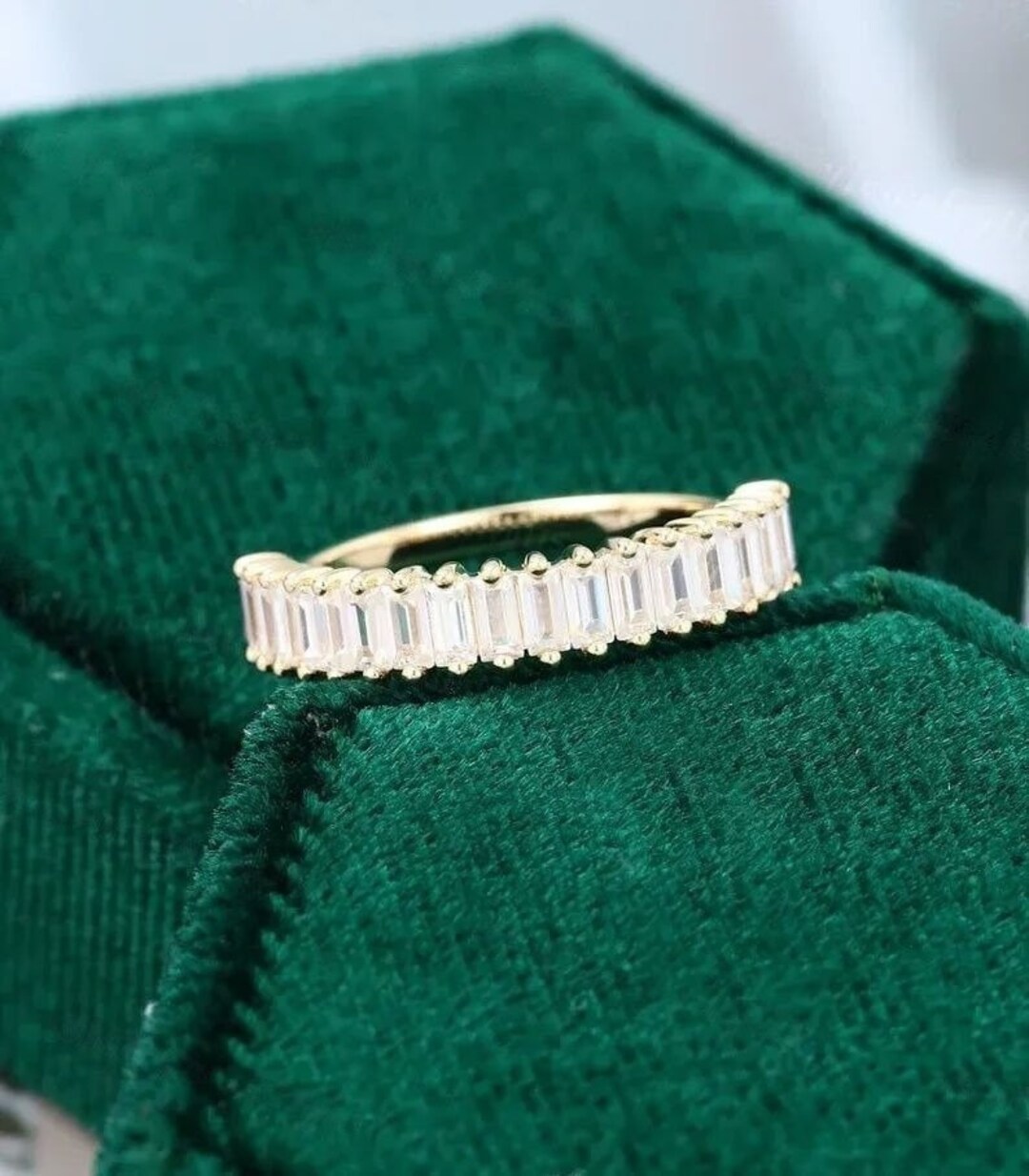Moissanite Wedding Band Women Vintage Baguette Yellow Gold Half ...
