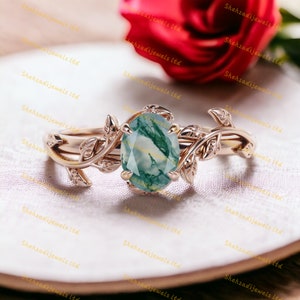 Unique 1.5CT Natural Moss Agate S925 Sterling Silver Engagement Ring Nature Inspired Leaf Ring Handmade Anniversary Ring Art Deco Ring