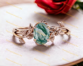 Moss Agate Engagement Ring, Sterling Silver Leaf Ring, Art Deco