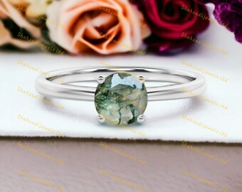 Natural Moss Agate Ring, Round Cut, Sterling Silver Promise Ring