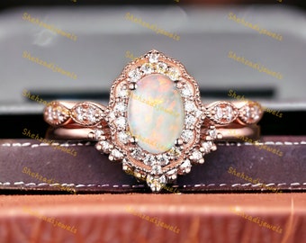 Oval Opal Ring Set, Rose Gold Chevron Diamond Band, Sterling Silver