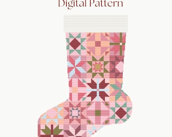 Gequiltet Patchwork Strumpf Kreuzstich PDF Muster mit Alphabet (165 × 234 Stiche)