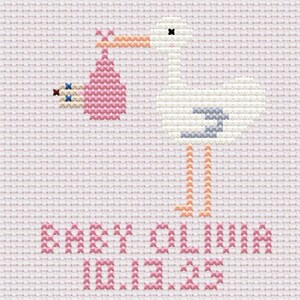 Custom Baby Stork Birth Cross Stitch Pattern PDF | Personalized Newborn Keepsake | Baby Shower Gift | Editable Baby Features