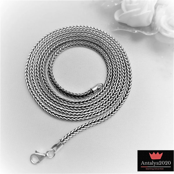 Collar de cadena de cola de zorra Cadena rústica para colgantes Plata de ley tejida mate grueso 2,5 mm Hombres Mujeres Cadena negra trenzada oxidada