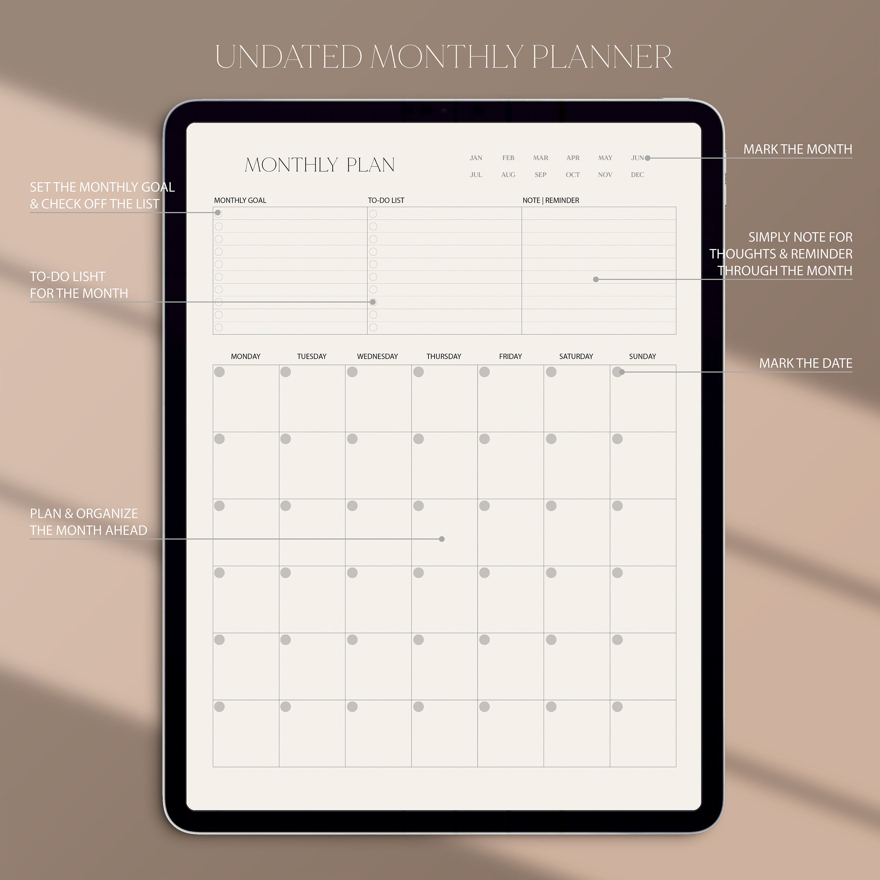 Digital Monthly Planner, Digital Planner, iPad Monthly Planner