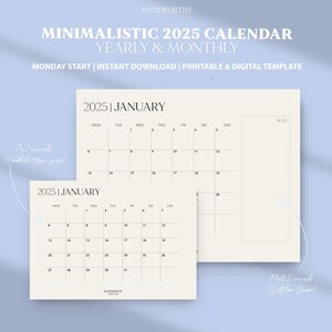 2025 Monthly Calendar with Notes, Printable Calendar Template, Minimalist Calendar, Year Calendar, Monday Start, Digital Planner Template
